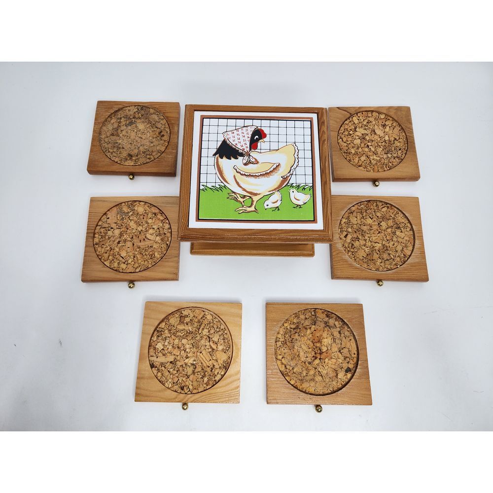 Chicken‎ Hen Chicks Vintage Tile Coasters Wooden Box
